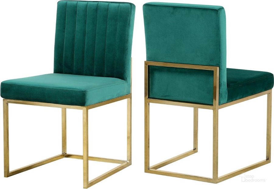 The appearance of Meridian 778GreenC Giselle Series Contemporary Velvet Metal Frame Dining Room Chair Set of 2 designed by Meridian in the modern / contemporary interior design. This green velvet piece of furniture  was selected by 1StopBedrooms from Giselle Collection to add a touch of cosiness and style into your home. Sku: 778Green-C. Material: Metal. Product Type: Dining Chair. Image1