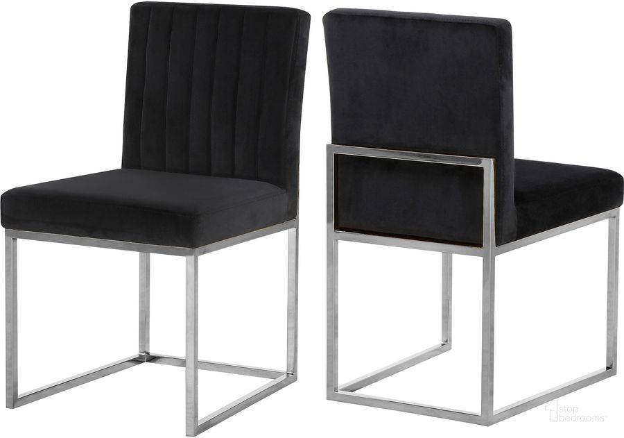 The appearance of Meridian 779BlackC Giselle Series Contemporary Velvet Metal Frame Dining Room Chair Set of 2 designed by Meridian in the modern / contemporary interior design. This black velvet piece of furniture  was selected by 1StopBedrooms from Giselle Collection to add a touch of cosiness and style into your home. Sku: 779Black-C. Material: Metal. Product Type: Dining Chair. Image1