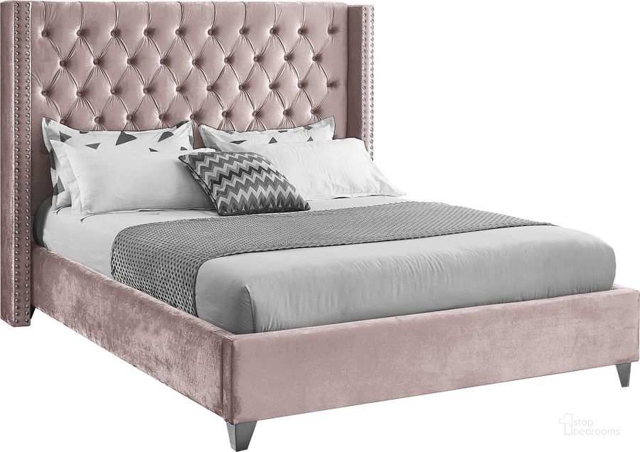 The appearance of Meridian Aiden Series Queen Size Panel Bed designed by Meridian in the modern / contemporary interior design. This pink velvet piece of furniture  was selected by 1StopBedrooms from Aiden Collection to add a touch of cosiness and style into your home. Sku: AidenPink-Q-1;AidenPink-Q-2. Bed Type: Platform Bed. Product Type: Platform Bed. Bed Size: Queen. Image1