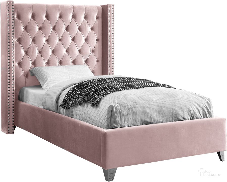 The appearance of Meridian Aiden Series Twin Size Panel Bed designed by Meridian in the modern / contemporary interior design. This pink velvet piece of furniture  was selected by 1StopBedrooms from Aiden Collection to add a touch of cosiness and style into your home. Sku: AidenPink-T-1;AidenPink-T-2. Bed Type: Platform Bed. Product Type: Platform Bed. Bed Size: Twin. Image1
