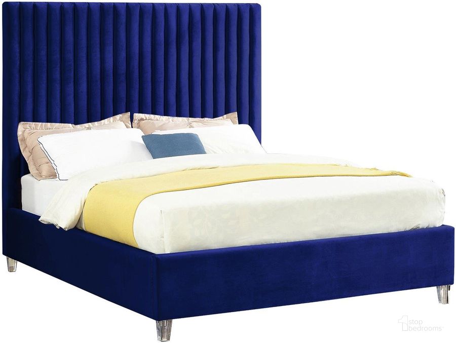 The appearance of Meridian CandaceNavyK Candace Series  King Size Panel Bed designed by Meridian in the modern / contemporary interior design. This navy velvet piece of furniture  was selected by 1StopBedrooms from Candace Collection to add a touch of cosiness and style into your home. Sku: CandaceNavy-K-1;CandaceNavy-K-2. Bed Type: Platform Bed. Product Type: Platform Bed. Bed Size: King. Material: Velvet. Image1