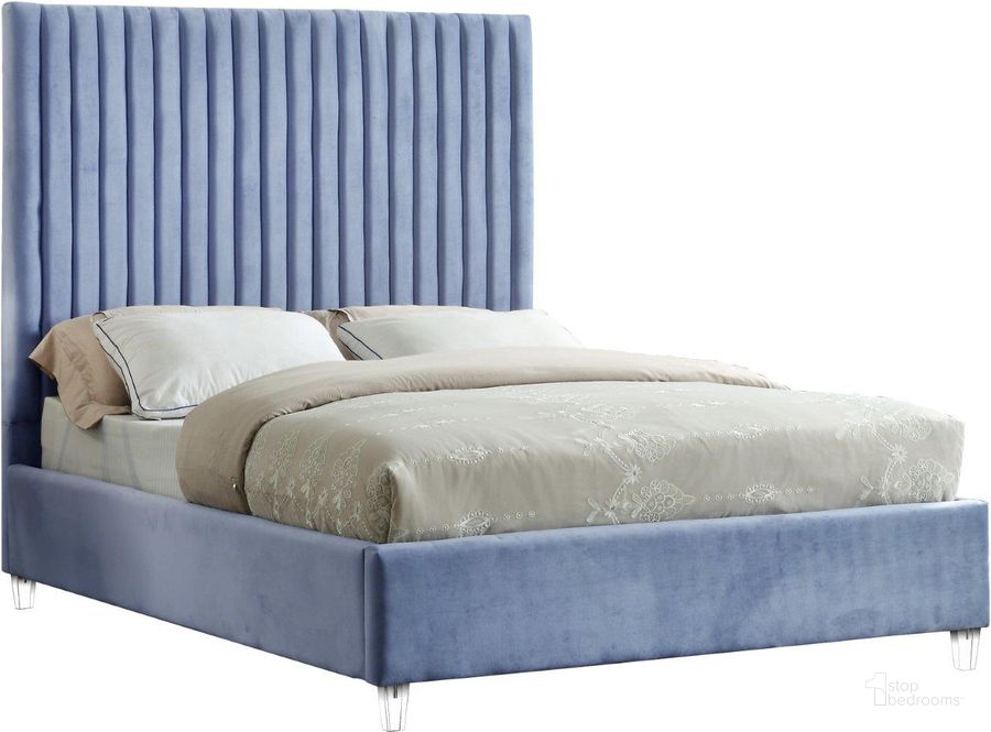 The appearance of Meridian CandaceSkyBluF Candace Series  Full Size Panel Bed designed by Meridian in the modern / contemporary interior design. This sky blue velvet piece of furniture  was selected by 1StopBedrooms from Candace Collection to add a touch of cosiness and style into your home. Sku: CandaceSkyBlu-F-1;CandaceSkyBlu-F-2. Bed Type: Platform Bed. Product Type: Platform Bed. Bed Size: Full. Material: Velvet. Image1
