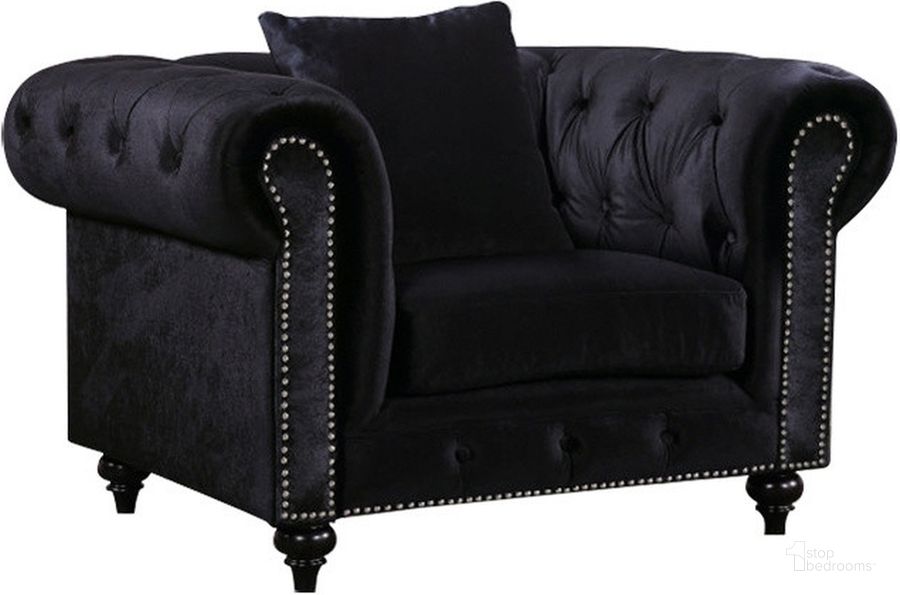 The appearance of Meridian Chesterfield Velvet Chair in Black designed by Meridian in the modern / contemporary interior design. This black velvet piece of furniture  was selected by 1StopBedrooms from Chesterfield Collection to add a touch of cosiness and style into your home. Sku: 662BL-C. Material: Fabric. Product Type: Living Room Chair. Image1