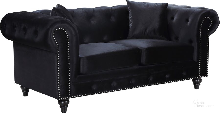 The appearance of Meridian Chesterfield Velvet Loveseat in Black designed by Meridian in the modern / contemporary interior design. This black velvet piece of furniture  was selected by 1StopBedrooms from Chesterfield Collection to add a touch of cosiness and style into your home. Sku: 662BL-L. Material: Fabric. Product Type: Loveseat. Image1