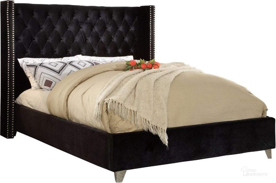 The appearance of Meridian Furniture Aiden Velvet Full Bed in Black designed by Meridian in the modern / contemporary interior design. This black velvet piece of furniture  was selected by 1StopBedrooms from Aiden Collection to add a touch of cosiness and style into your home. Sku: AidenBlack-F-1;AidenBlack-F-2. Bed Type: Platform Bed. Material: Wood. Product Type: Platform Bed. Bed Size: Full. Image1