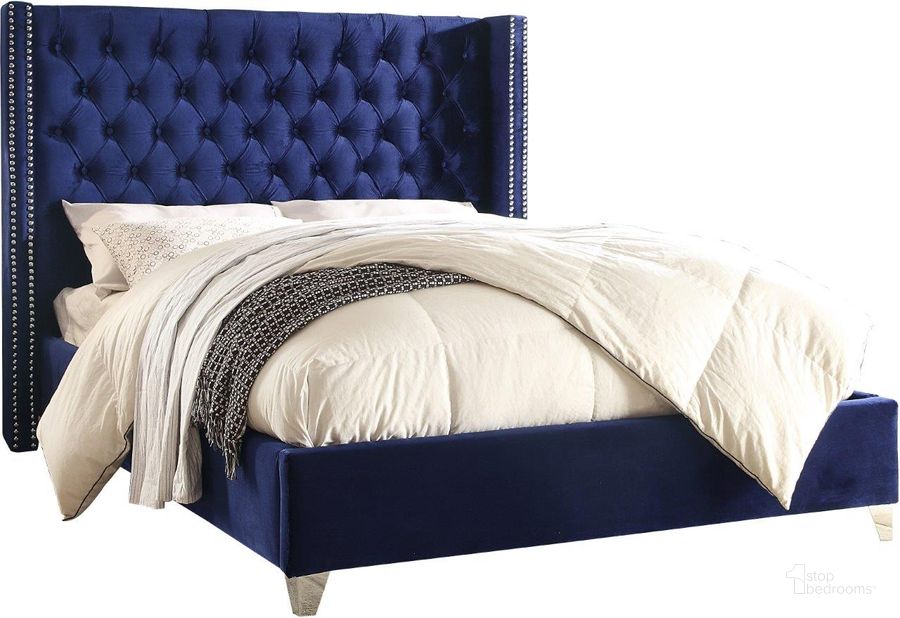 The appearance of Meridian Furniture Aiden Velvet Full Bed in Navy designed by Meridian in the modern / contemporary interior design. This navy velvet piece of furniture  was selected by 1StopBedrooms from Aiden Collection to add a touch of cosiness and style into your home. Sku: AidenNavy-F-1;AidenNavy-F-2. Bed Type: Platform Bed. Material: Wood. Product Type: Platform Bed. Bed Size: Full. Image1