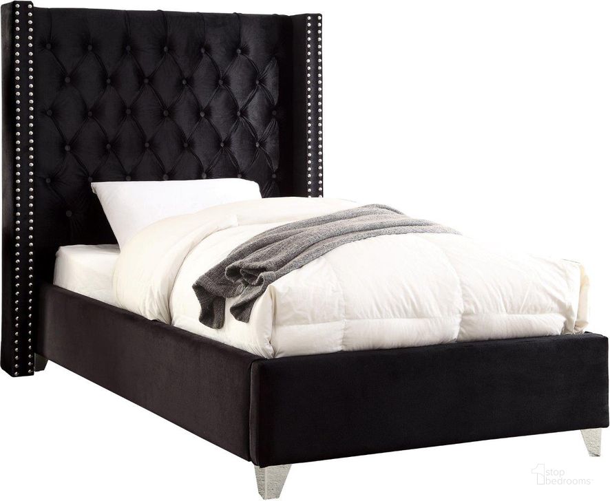 The appearance of Meridian Furniture Aiden Velvet Twin Bed in Black designed by Meridian in the modern / contemporary interior design. This black velvet piece of furniture  was selected by 1StopBedrooms from Aiden Collection to add a touch of cosiness and style into your home. Sku: AidenBlack-T-1;AidenBlack-T-2. Bed Type: Platform Bed. Material: Wood. Product Type: Platform Bed. Bed Size: Twin. Image1