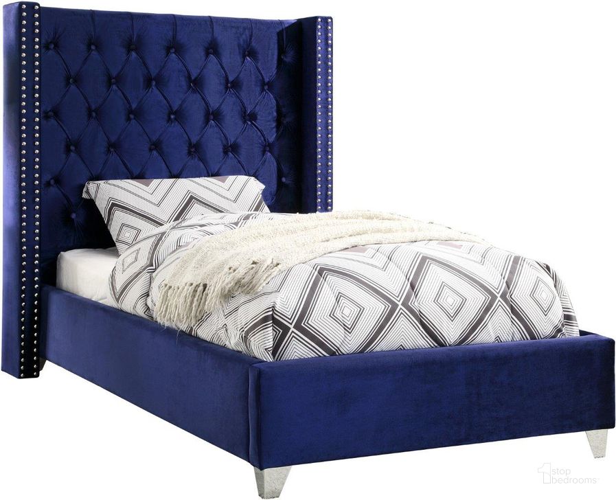 The appearance of Meridian Furniture Aiden Velvet Twin Bed in Navy designed by Meridian in the modern / contemporary interior design. This navy velvet piece of furniture  was selected by 1StopBedrooms from Aiden Collection to add a touch of cosiness and style into your home. Sku: AidenNavy-T-1;AidenNavy-T-2. Bed Type: Platform Bed. Material: Wood. Product Type: Platform Bed. Bed Size: Twin. Image1