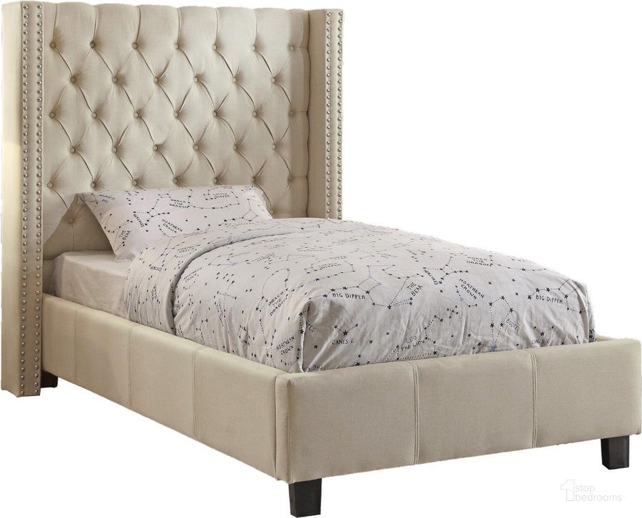 The appearance of Meridian Furniture Ashton Linen Twin Bed in Beige designed by Meridian in the modern / contemporary interior design. This beige linen piece of furniture  was selected by 1StopBedrooms from Ashton Collection to add a touch of cosiness and style into your home. Sku: AshtonBeige-T-1;AshtonBeige-T-2. Bed Type: Platform Bed. Material: Fabric. Product Type: Platform Bed. Bed Size: Twin. Image1