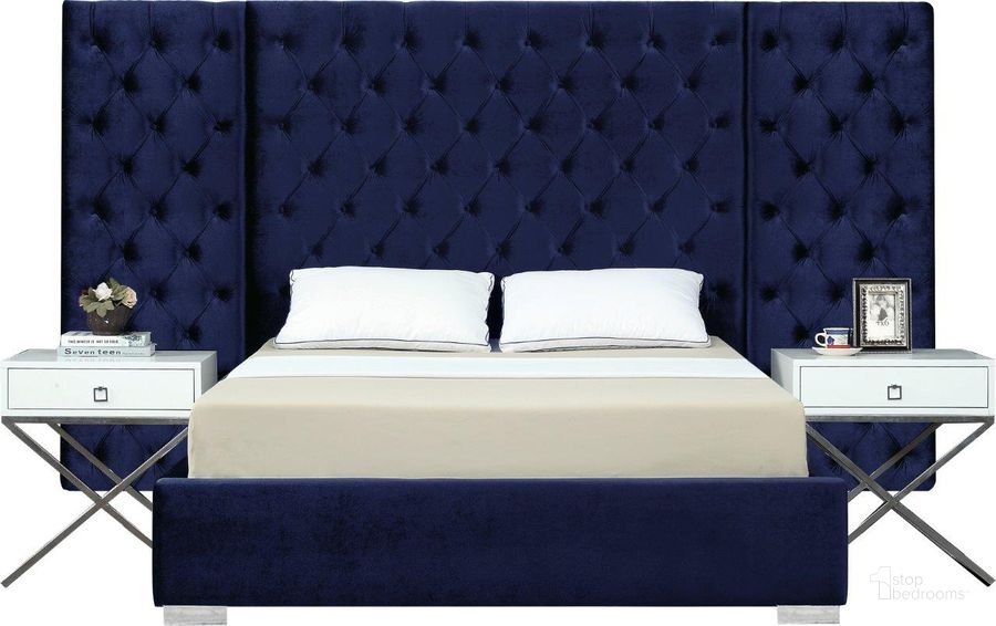 The appearance of Meridian GRANDENAVYK Grande Series  King Size Platform Bed designed by Meridian in the modern / contemporary interior design. This navy velvet piece of furniture  was selected by 1StopBedrooms from Grande Collection to add a touch of cosiness and style into your home. Sku: GrandeNavy-K-1;GrandeNavy-K-2;GrandeNavy-K-3. Bed Type: Platform Bed. Product Type: Platform Bed. Bed Size: King. Material: Velvet. Image1