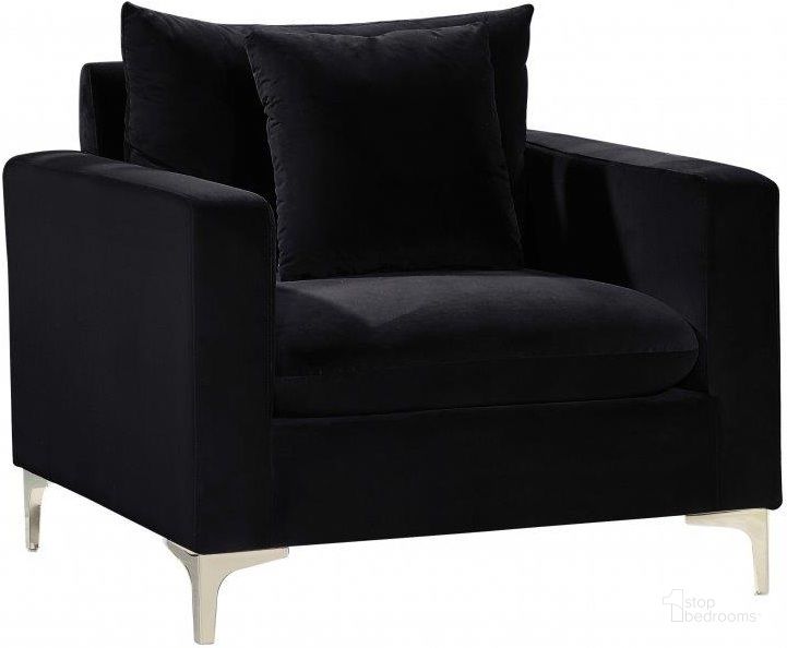 The appearance of Meridian Naomi Velvet Chair in Black 633Black-C designed by Meridian in the modern / contemporary interior design. This black velvet piece of furniture  was selected by 1StopBedrooms from Naomi Collection to add a touch of cosiness and style into your home. Sku: 633Black-C. Material: Fabric. Product Type: Living Room Chair. Image1