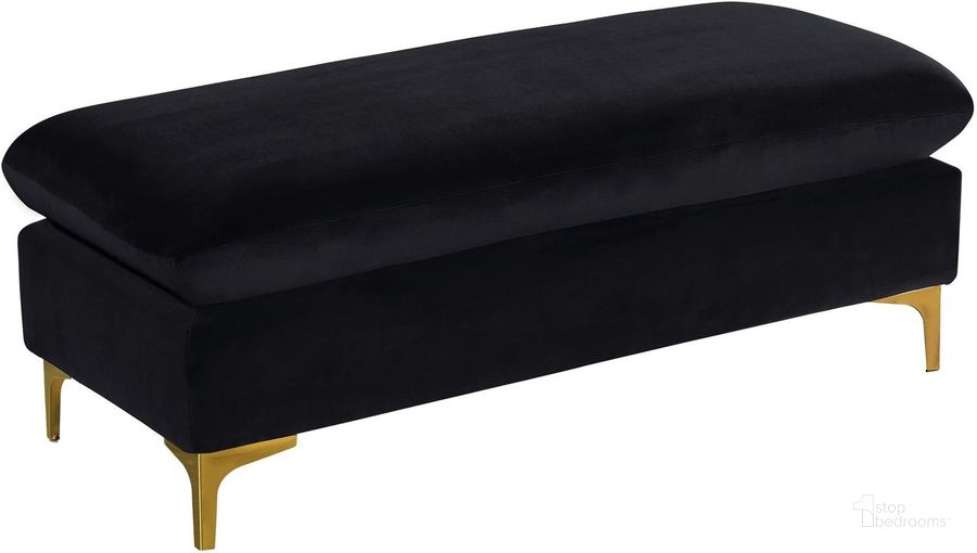The appearance of Meridian Naomi Velvet Ottoman in Black designed by Meridian in the modern / contemporary interior design. This black velvet piece of furniture  was selected by 1StopBedrooms from Naomi Collection to add a touch of cosiness and style into your home. Sku: 636Black-Ott. Material: Fabric. Product Type: Ottoman. Image1