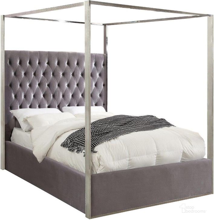 The appearance of Meridian PorterGreyQ Porter Series  Queen Size Canopy Bed designed by Meridian in the modern / contemporary interior design. This grey velvet piece of furniture  was selected by 1StopBedrooms from Porter Collection to add a touch of cosiness and style into your home. Sku: PorterGrey-Q-1;PorterGrey-Q-2. Bed Type: Canopy Bed. Product Type: Canopy Bed. Bed Size: Queen. Material: Velvet. Image1