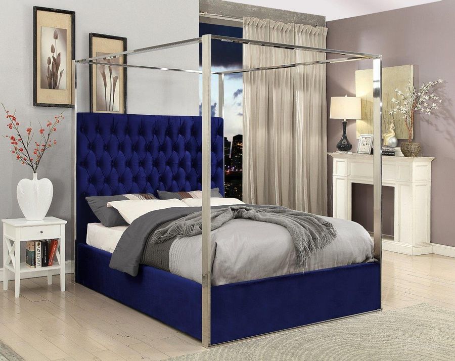 The appearance of Meridian PorterNavyQ Porter Series  Queen Size Canopy Bed designed by Meridian in the modern / contemporary interior design. This navy velvet piece of furniture  was selected by 1StopBedrooms from Porter Collection to add a touch of cosiness and style into your home. Sku: PorterNavy-Q-1;PorterNavy-Q-2. Bed Type: Canopy Bed. Product Type: Canopy Bed. Bed Size: Queen. Material: Velvet. Image1