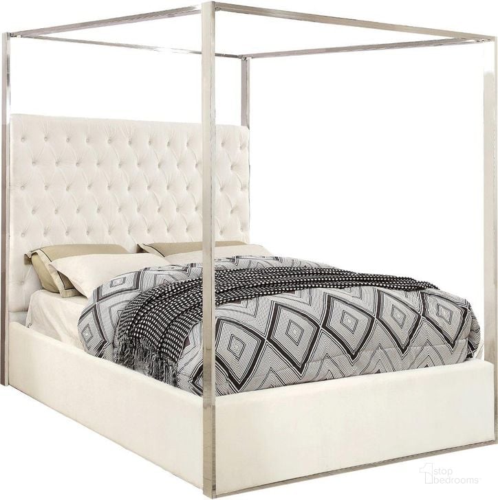 The appearance of Meridian Porter Series King Size Canopy Bed designed by Meridian in the modern / contemporary interior design. This white velvet piece of furniture  was selected by 1StopBedrooms from Porter Collection to add a touch of cosiness and style into your home. Sku: PorterWhite-K-1;PorterWhite-K-2. Bed Type: Canopy Bed. Product Type: Canopy Bed. Bed Size: King. Material: Velvet. Image1
