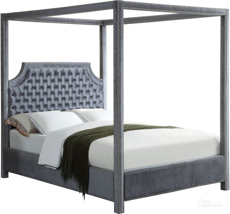 The appearance of Meridian RowanGreyK Rowan Series  King Size Canopy Bed designed by Meridian in the modern / contemporary interior design. This grey velvet piece of furniture  was selected by 1StopBedrooms from Rowan Collection to add a touch of cosiness and style into your home. Sku: RowanGrey-K-1;RowanGrey-K-2;RowanGrey-K-3. Bed Type: Canopy Bed. Product Type: Canopy Bed. Bed Size: King. Material: Velvet. Image1