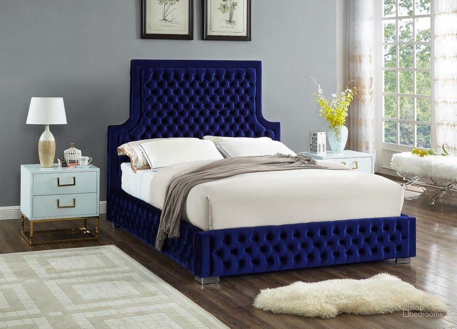 The appearance of Meridian Sedona Velvet Queen Bed in Navy designed by Meridian in the modern / contemporary interior design. This navy velvet piece of furniture  was selected by 1StopBedrooms from Sedona Collection to add a touch of cosiness and style into your home. Sku: SedonaNavy-Q-1;SedonaNavy-Q-2. Bed Type: Platform Bed. Material: Fabric. Product Type: Platform Bed. Bed Size: Queen. Image1