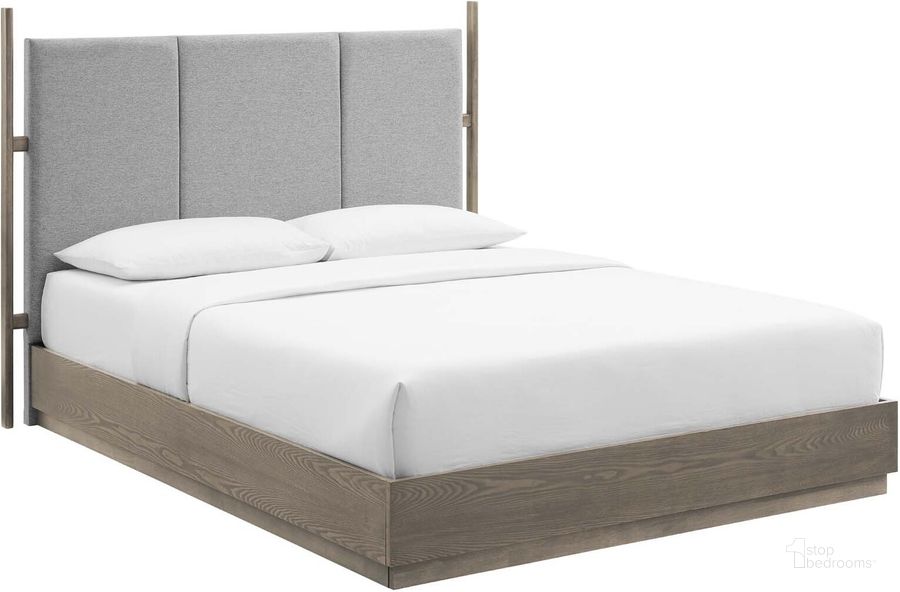 The appearance of Merritt Upholstered Queen Platform Bed In Light Grey designed by Modway in the modern / contemporary interior design. This light grey piece of furniture  was selected by 1StopBedrooms from Merritt Collection to add a touch of cosiness and style into your home. Sku: MOD-6680-OAK-LGR. Bed Type: Platform Bed. Product Type: Platform Bed. Bed Size: Queen. Material: MDF. Image1