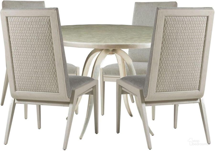 The appearance of Merville Silver Dining Room Set 0qb24416688 designed by Luxe Linea in the transitional interior design. This silver piece of furniture  was selected by 1StopBedrooms from Merville Collection to add a touch of cosiness and style into your home. Sku: 01-2155-870C;01-2105-880-01. Table Base Style: Pedestal. Table Top Shape: Round. Product Type: Dining Room Set. Size: 48". Image1