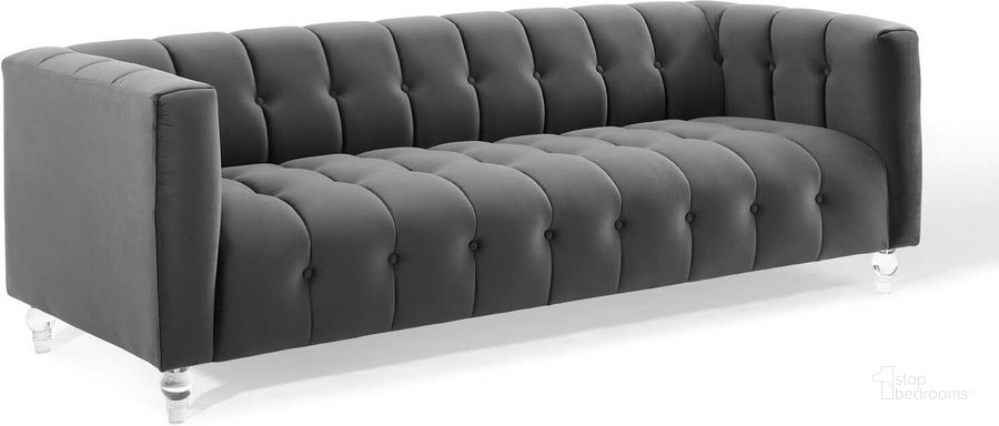 The appearance of Mesmer Channel Tufted Button Performance Velvet Sofa EEI-3882-CHA designed by Modway in the modern / contemporary interior design. This charcoal piece of furniture  was selected by 1StopBedrooms from Mesmer Collection to add a touch of cosiness and style into your home. Sku: EEI-3882-CHA. Material: Polyester. Product Type: Sofa. Image1