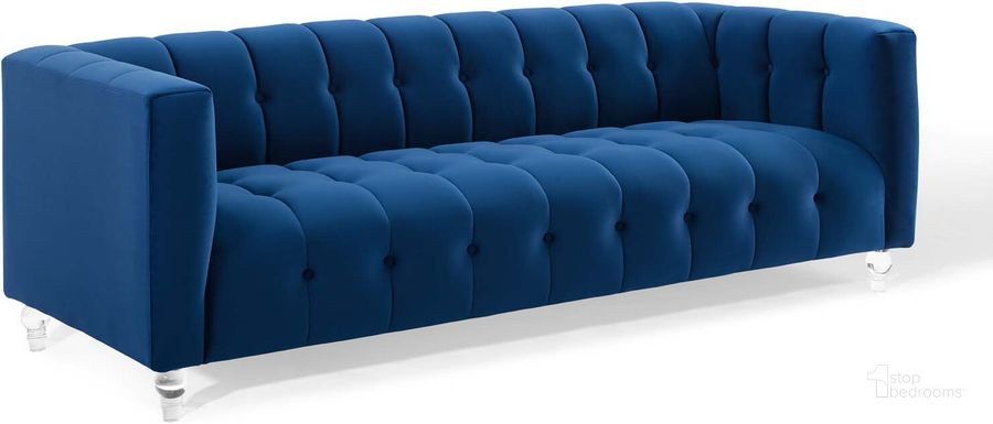 The appearance of Mesmer Channel Tufted Button Performance Velvet Sofa EEI-3882-NAV designed by Modway in the modern / contemporary interior design. This navy piece of furniture  was selected by 1StopBedrooms from Mesmer Collection to add a touch of cosiness and style into your home. Sku: EEI-3882-NAV. Material: Polyester. Product Type: Sofa. Image1