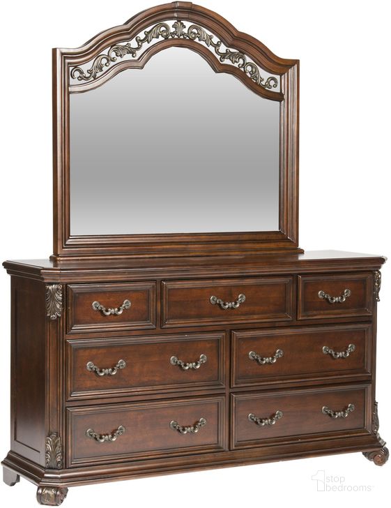The appearance of Messina Estates Dresser And Mirror In Dark Brown designed by Liberty in the traditional interior design. This dark brown piece of furniture  was selected by 1StopBedrooms from Messina Estates Collection to add a touch of cosiness and style into your home. Sku: 737-BR31;737-BR51. Product Type: Dresser and Mirror. Material: Poplar. Image1