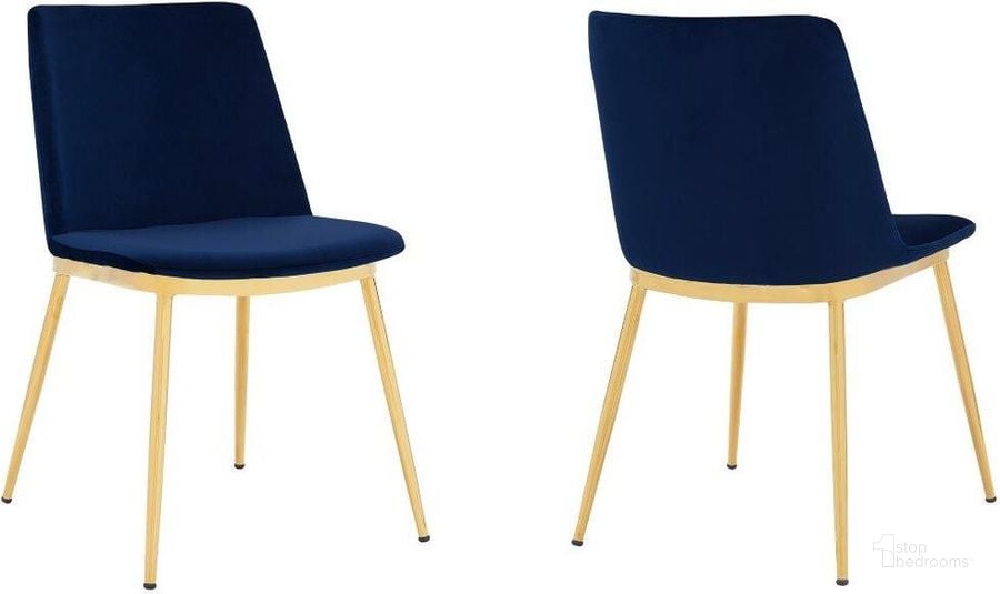 The appearance of Messina Modern Blue Velvet And Gold Metal Leg Dining Room Chairs - Set Of 2 designed by Armen Living in the modern / contemporary interior design. This blue piece of furniture  was selected by 1StopBedrooms from Messina Collection to add a touch of cosiness and style into your home. Sku: LCMSSIGLBLU. Material: Metal. Product Type: Dining Chair. Image1