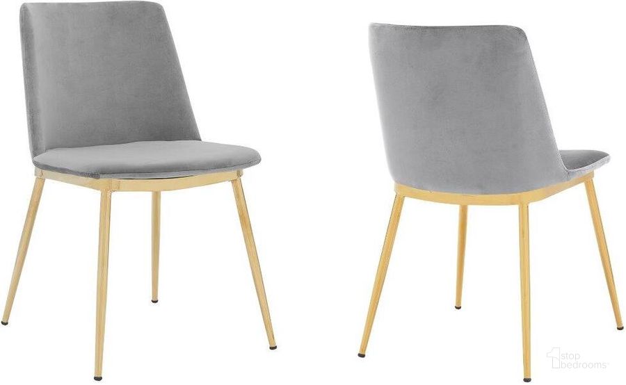 The appearance of Messina Modern Gray Velvet And Gold Metal Leg Dining Room Chair designed by Armen Living in the modern / contemporary interior design. This gray piece of furniture  was selected by 1StopBedrooms from Messina Collection to add a touch of cosiness and style into your home. Sku: LCMSSIGLGRY. Material: Metal. Product Type: Dining Chair. Image1