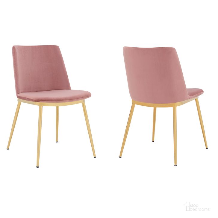The appearance of Messina Modern Pink Velvet and Gold Metal Leg Dining Room Chair Set of 2 designed by Armen Living in the modern / contemporary interior design. This pink piece of furniture  was selected by 1StopBedrooms from Messina Collection to add a touch of cosiness and style into your home. Sku: LCMSSIGLPNK. Material: Metal. Product Type: Dining Chair. Image1