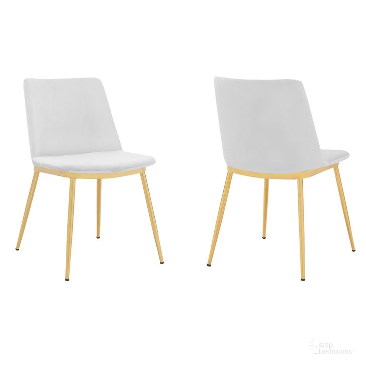 The appearance of Messina Modern White Velvet and Gold Metal Leg Dining Room Chair Set of 2 designed by Armen Living in the glam interior design. This white piece of furniture  was selected by 1StopBedrooms from Messina Collection to add a touch of cosiness and style into your home. Sku: LCMSSIGLWHT. Material: Metal. Product Type: Dining Chair. Image1