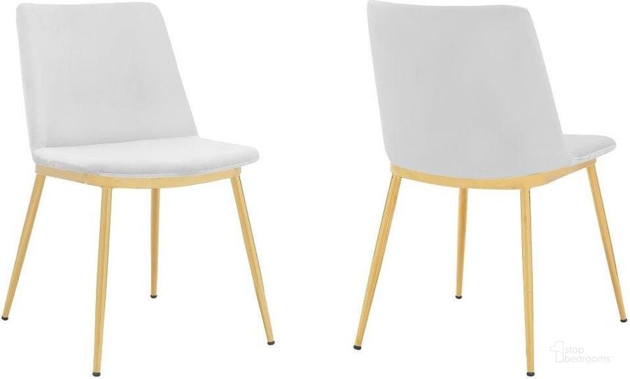 The appearance of Messina Modern White Velvet And Gold Metal Leg Dining Room Chair designed by Armen Living in the modern / contemporary interior design. This white piece of furniture  was selected by 1StopBedrooms from Messina Collection to add a touch of cosiness and style into your home. Sku: LCMSSIGLWHT. Material: Metal. Product Type: Dining Chair. Image1