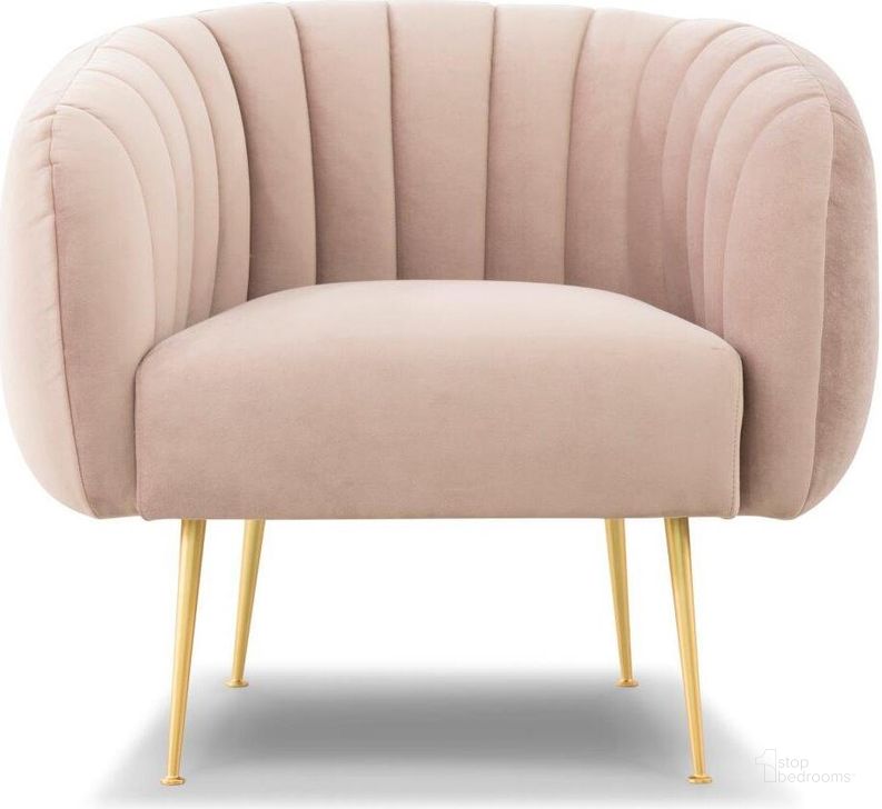 The appearance of Metro Channeled Accent Chair In Brass Legs And Rosa Pink Upholstery designed by Urbia in the modern / contemporary interior design. This pink piece of furniture  was selected by 1StopBedrooms from Metro Collection to add a touch of cosiness and style into your home. Sku: VSD-CHAN-C-ROSA. Product Type: Accent Chair. Material: Plywood. Image1