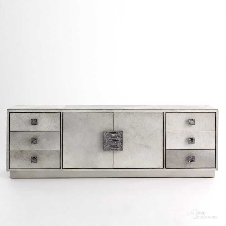 The appearance of Metro Long Cabinet In Grey Hair On Hide designed by Global Views in the modern / contemporary interior design. This gray piece of furniture  was selected by 1StopBedrooms from Metro Collection to add a touch of cosiness and style into your home. Sku: 7.91047. Material: Aluminum. Product Type: Cabinet. Image1