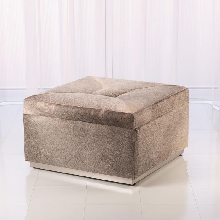 The appearance of Metro Square Storage Ottoman In Grey Hair On Hide designed by Global Views in the modern / contemporary interior design. This gray piece of furniture  was selected by 1StopBedrooms from Metro Collection to add a touch of cosiness and style into your home. Sku: 7.91048. Material: Leather. Product Type: Ottoman. Image1