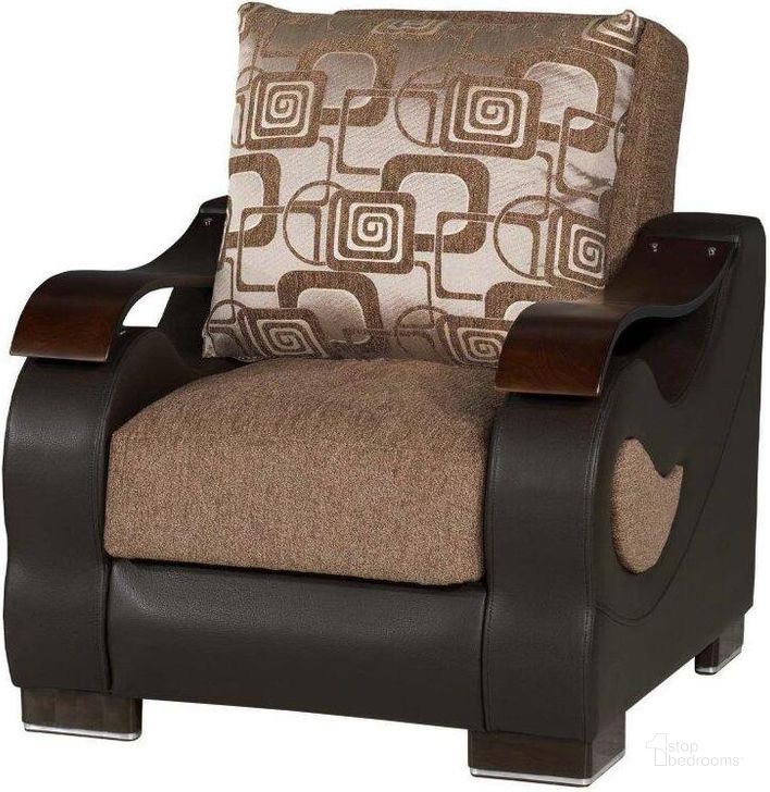 The appearance of Metroplex Upholstered Convertible Armchair with Storage In Brown designed by Casamode in the modern / contemporary interior design. This light brown piece of furniture  was selected by 1StopBedrooms from Metroplex Collection to add a touch of cosiness and style into your home. Sku: MET-AC-CBN. Product Type: Arm Chair. Material: Chenille. Image1