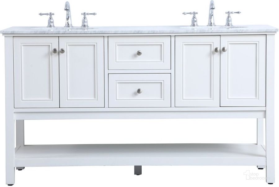 The appearance of Metropolis 60 Inch Double Sink Bathroom Vanity Set In White designed by Elegant Lighting in the modern / contemporary interior design. This white piece of furniture  was selected by 1StopBedrooms from Metropolis Collection to add a touch of cosiness and style into your home. Sku: VF27060WH. Material: Wood. Product Type: Bathroom Vanity. Image1