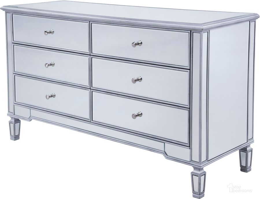 The appearance of Contempo 60" Hand Rubbed Antique Silver Dresser designed by Elegant Lighting in the glam interior design. This silver piece of furniture  was selected by 1StopBedrooms from Contempo Collection to add a touch of cosiness and style into your home. Sku: MF6-1036S. Product Type: Dresser. Material: MDF. Image1