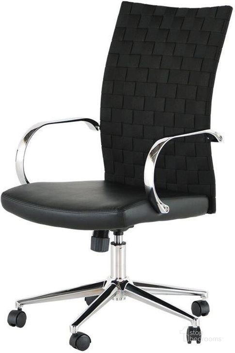 The appearance of Mia Black Naugahyde Office Chair designed by Nuevo in the modern / contemporary interior design. This black piece of furniture  was selected by 1StopBedrooms from Mia Collection to add a touch of cosiness and style into your home. Sku: HGJL394. Product Type: Office Chair. Material: Naugahyde. Image1