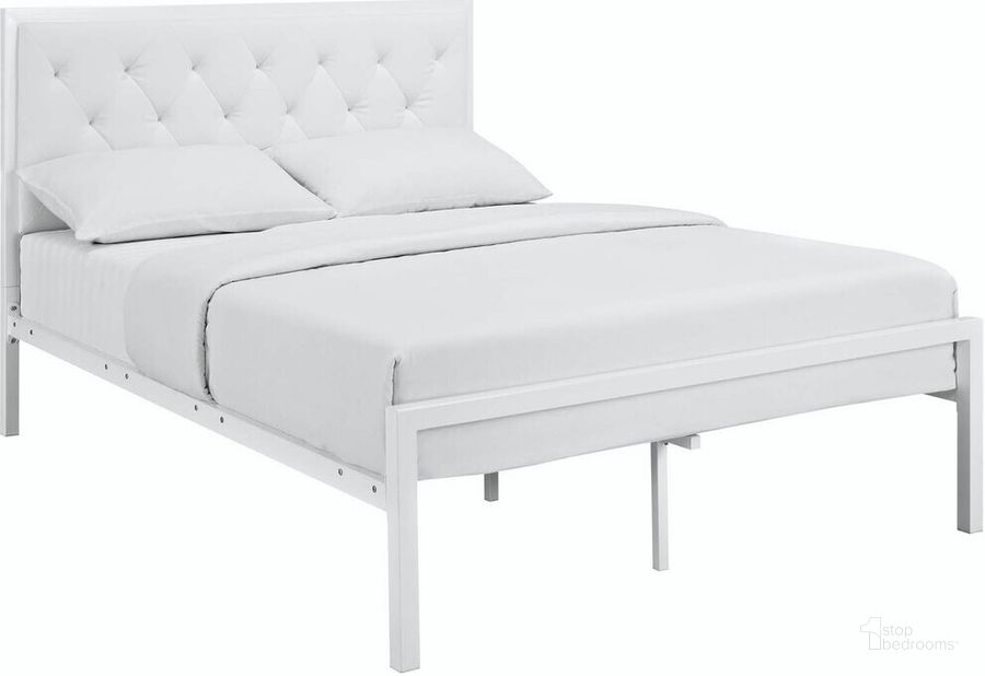 The appearance of Mia Full Vinyl Bed In White designed by Modway in the modern / contemporary interior design. This white piece of furniture  was selected by 1StopBedrooms from Mia Collection to add a touch of cosiness and style into your home. Sku: MOD-5181-WHI-WHI-SET. Product Type: Platform Bed. Bed Size: Full. Material: Plywood. Image1