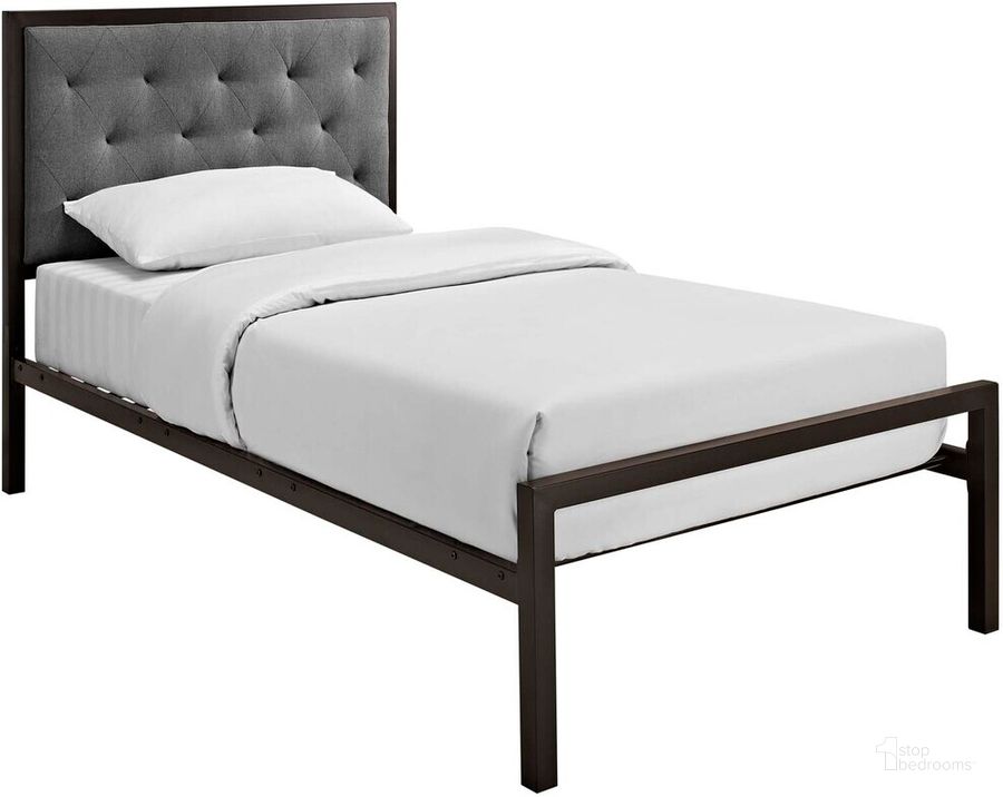 The appearance of Mia Twin Fabric Bed In Brown and Gray designed by Modway in the modern / contemporary interior design. This brown and gray piece of furniture  was selected by 1StopBedrooms from Mia Collection to add a touch of cosiness and style into your home. Sku: MOD-5178-BRN-GRY-SET. Bed Type: Platform Bed. Material: Fabric. Product Type: Platform Bed. Bed Size: Twin. Image1