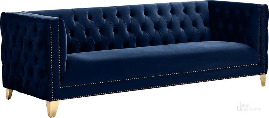 The appearance of Michelle Navy Velvet Sofa designed by Meridian in the modern / contemporary interior design. This navy velvet piece of furniture  was selected by 1StopBedrooms from Michelle Collection to add a touch of cosiness and style into your home. Sku: 652Navy-S. Product Type: Sofa. Material: Velvet. Image1