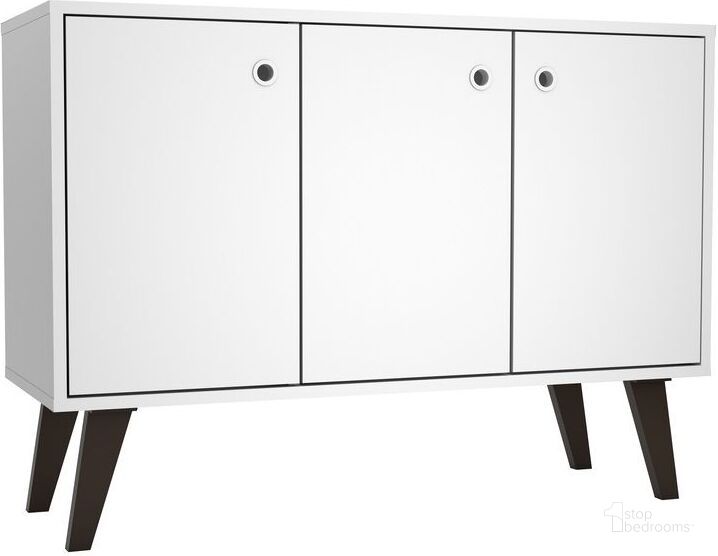 The appearance of Mid-Century - Modern Bromma 35.43 Inch Sideboard 2.0 With 3 Shelves In White designed by Manhattan Comfort in the transitional interior design. This white piece of furniture  was selected by 1StopBedrooms from Bromma Collection to add a touch of cosiness and style into your home. Sku: 155AMC200. Product Type: Sideboard. Material: MDP. Image1