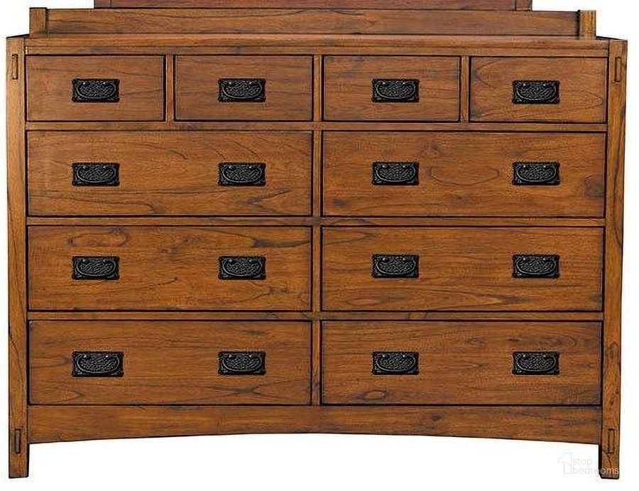 The appearance of Mission Hill Medium Harvest 10 Drawer Dresser designed by A-America in the transitional interior design. This brown piece of furniture  was selected by 1StopBedrooms from Mission Hills Collection to add a touch of cosiness and style into your home. Sku: MIHHA5500. Material: Wood. Product Type: Dresser. Image1