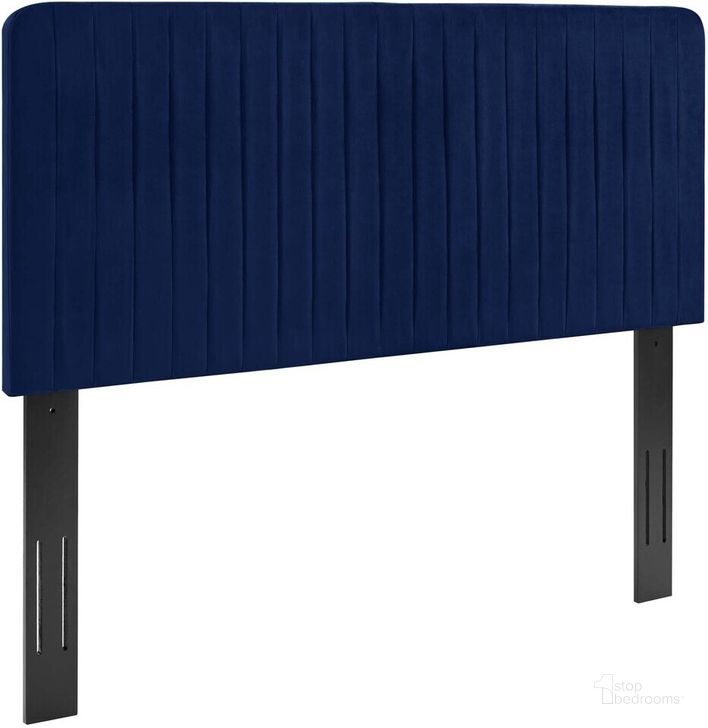 The appearance of Milenna Channel Tufted Performance Velvet Full/Queen Headboard In Navy designed by Modway in the  interior design. This navy piece of furniture  was selected by 1StopBedrooms from Milenna Collection to add a touch of cosiness and style into your home. Sku: MOD-6339-NAV. Product Type: Headboard. Bed Size: Queen. Material: MDF. Image1