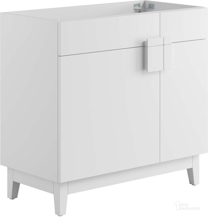 The appearance of Miles 36 Inch Bathroom Vanity Cabinet In White designed by Modway in the  interior design. This white piece of furniture  was selected by 1StopBedrooms from Miles Collection to add a touch of cosiness and style into your home. Sku: EEI-6400-WHI. Product Type: Bathroom Vanity. Material: Rubberwood. Image1