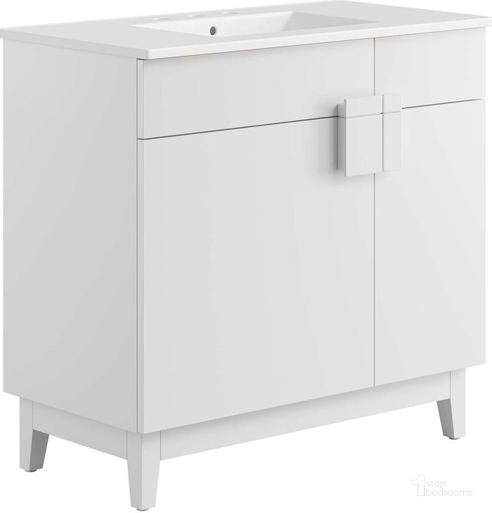 The appearance of Miles 36 Inch Bathroom Vanity In White designed by Modway in the  interior design. This white piece of furniture  was selected by 1StopBedrooms from Miles Collection to add a touch of cosiness and style into your home. Sku: EEI-6484-WHI-WHI. Material: Ceramic. Product Type: Bathroom Vanity. Image1