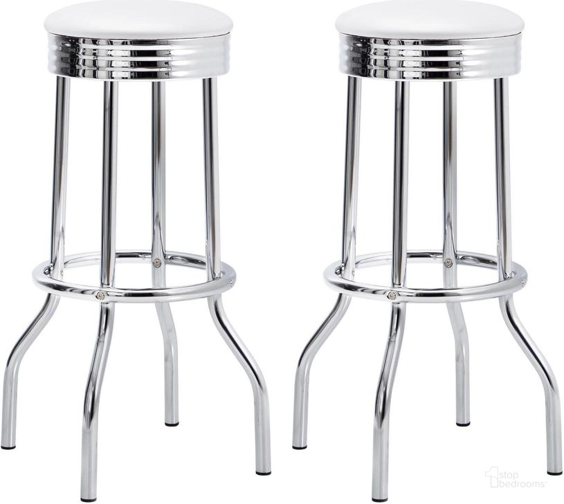 The appearance of Mill Bay Chrome Barstool Set of 2 designed by Luxury Loft in the modern / contemporary interior design. This chrome piece of furniture  was selected by 1StopBedrooms from Mill Bay Collection to add a touch of cosiness and style into your home. Sku: 2299W. Product Type: Barstool. Material: Vinyl. Image1