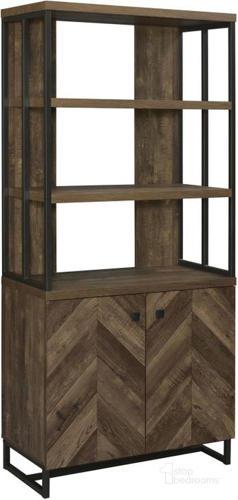 The appearance of Millbrook Rustic Oak Herringbone And Gunmetal Bookcase designed by Coaster in the transitional interior design. This black piece of furniture  was selected by 1StopBedrooms from Millbrook Collection to add a touch of cosiness and style into your home. Sku: 882093. Product Type: Bookcase. Material: MDF. Image1