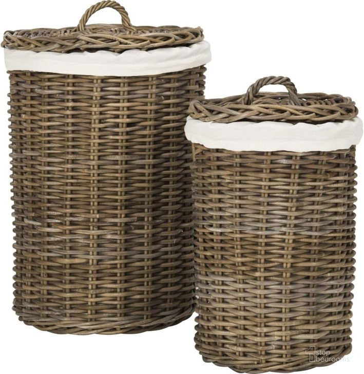 The appearance of Millen Natural Rattan Round Laundry Basket Set of 2 designed by Safavieh in the modern / contemporary interior design. This natural piece of furniture  was selected by 1StopBedrooms from Safavieh HAC Collection to add a touch of cosiness and style into your home. Sku: HAC6001A. Material: Rattan. Product Type: Basket. Image1