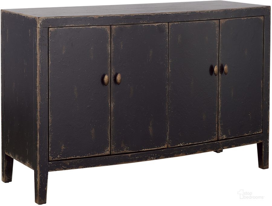 The appearance of Mina Weathered Black and Brown Four Door Credenza designed by Coast to Coast in the rustic / southwestern interior design. This distressed black piece of furniture  was selected by 1StopBedrooms from Mina Collection to add a touch of cosiness and style into your home. Sku: 90319. Product Type: Credenza. Material: MDF. Image1